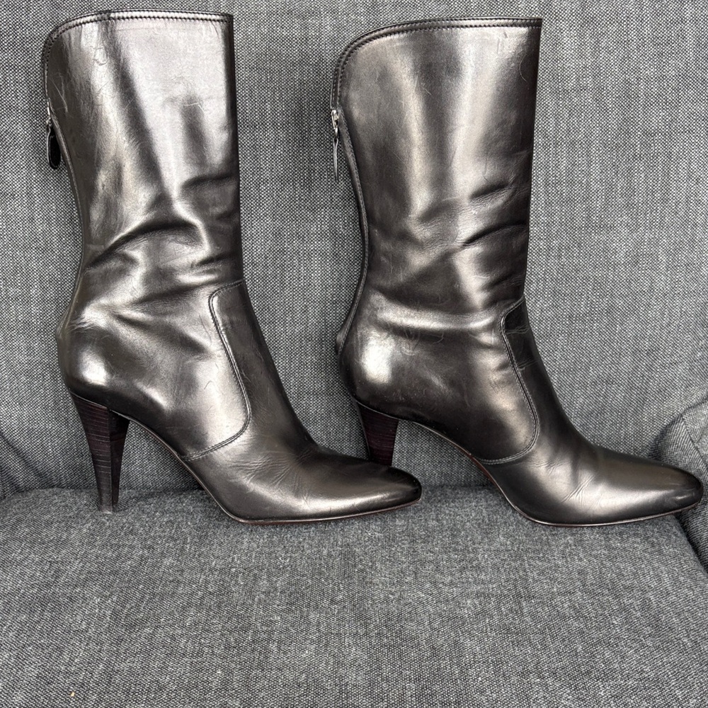 Cole Haan Black Leather Mid Calf Boots Size 6.5 | Wood Heel | Back Zip